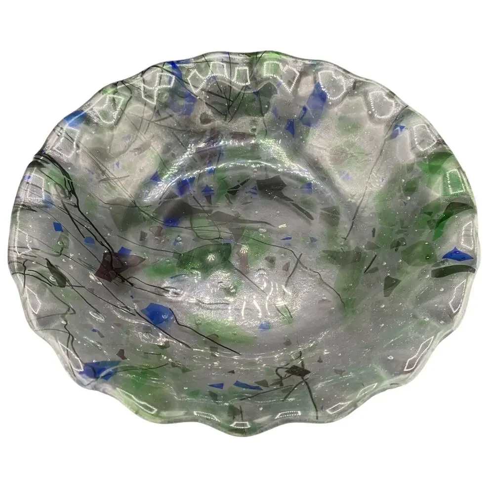 VTG Fused Handmade glass Scalloped Bowl Dish blue green large clear serving - Picture 2 of 5